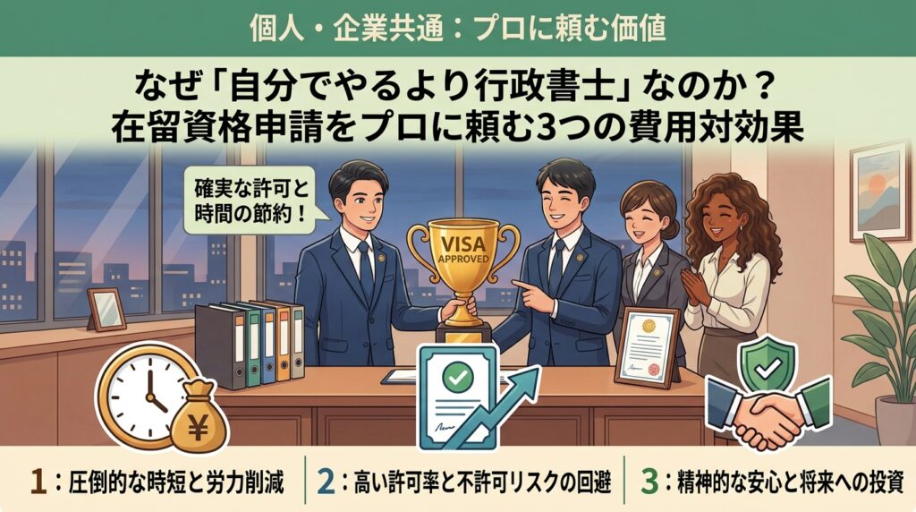 なぜ「自分でやるより行政書士」なのか？在留資格申請をプロに頼む3つの費用対効果