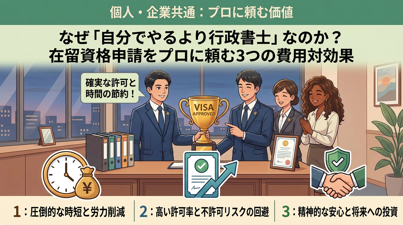 なぜ「自分でやるより行政書士」なのか？在留資格申請をプロに頼む3つの費用対効果